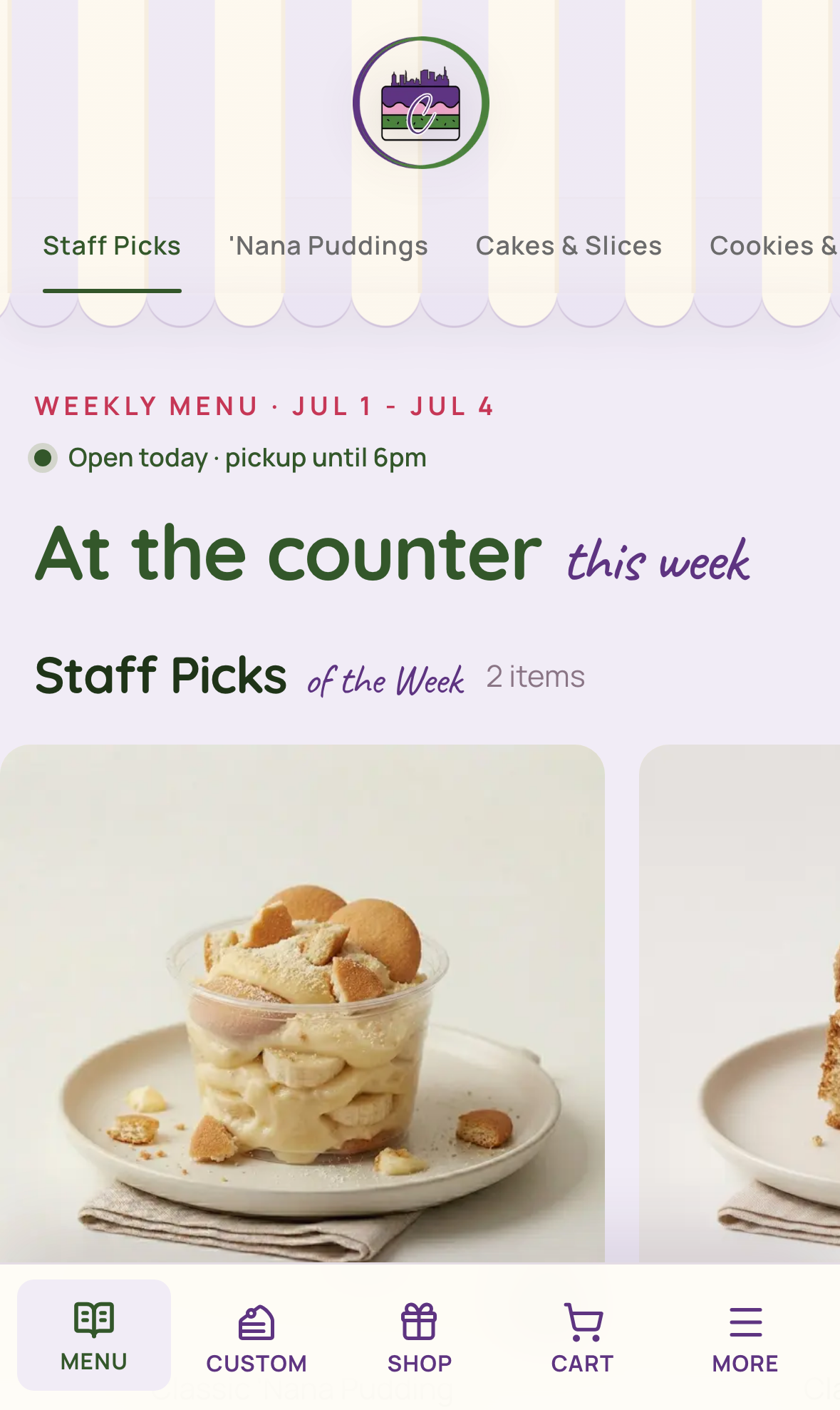 Cake Town mobile weekly menu in an open store state, showing five populated category tabs and two Staff Picks led by Classic Nana Pudding.