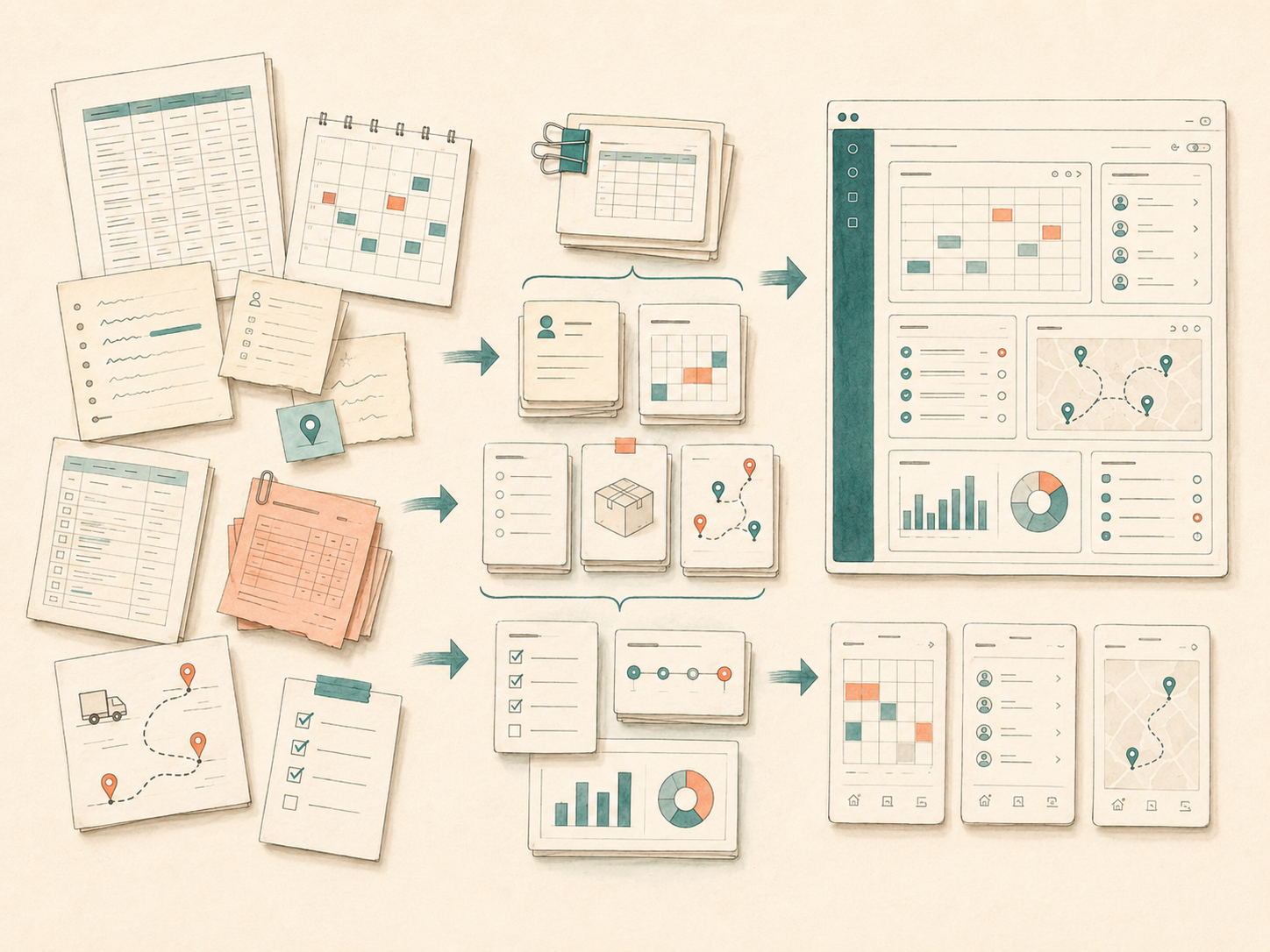 Illustration of paper spreadsheets, calendars, checklists, workflow cards, and app wireframes arranged from manual work to a custom website and app.