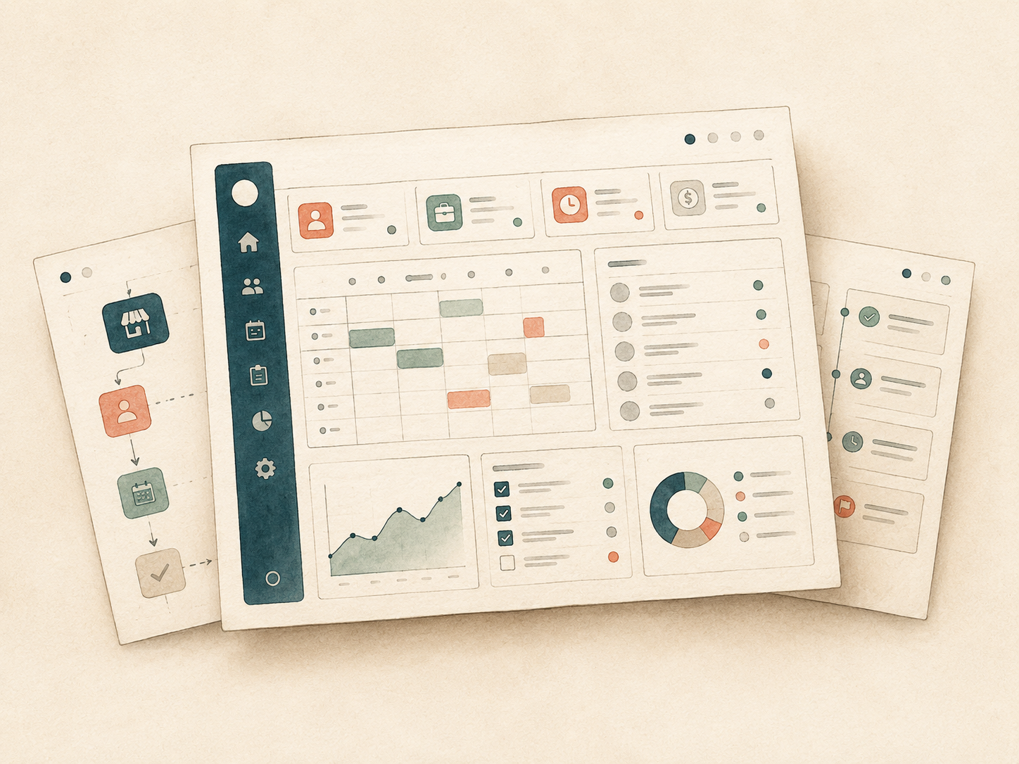 Illustration of a custom website dashboard draft with schedules, records, charts, and workflow cards.