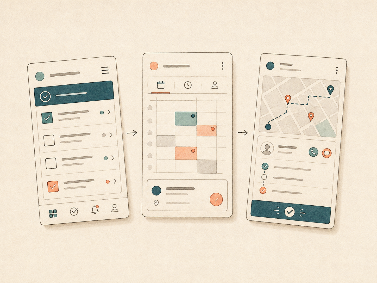 Illustration of three flat mobile app wireframe drafts connected by workflow arrows.