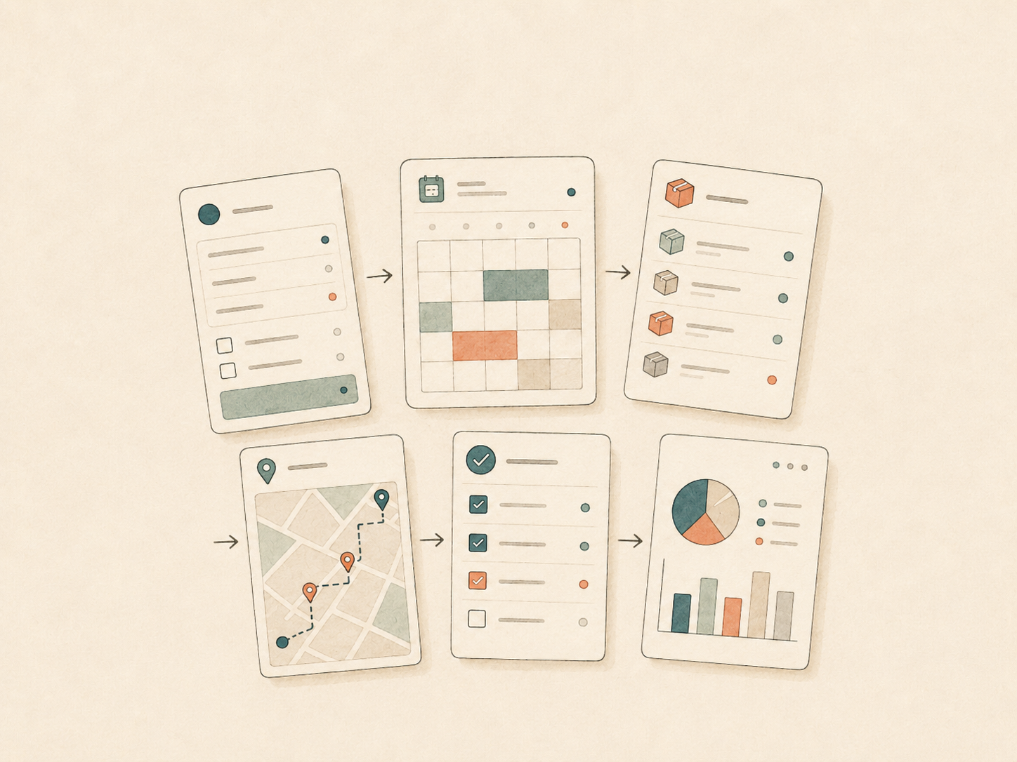 Illustration of connected workflow cards for forms, scheduling, inventory, routes, checklists, and reporting.